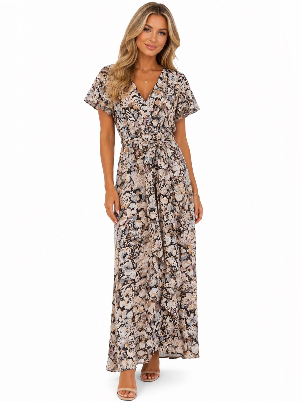 Ralph Lauren Floral Faux Wrap Ruffled Belted Maxi Dress in Beige Cream Brown NWT